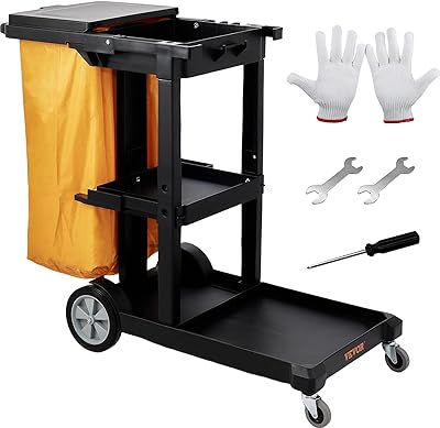 VEVOR Cleaning Cart, 3-Shelf Commercial Janitorial Cart, 200 lbs Capacity