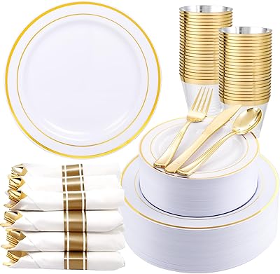 350 Piece Gold Dinnerware Set for 50 Guests – Gold Plastic Plates Disposable