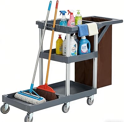 Professional 3-Shelf Janitorial Cleaning Cart on Wheels with Trash Bag & Cover